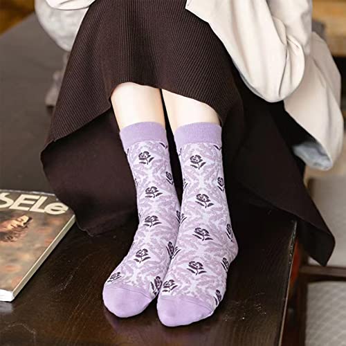 Image of DXYAKY 5 Pairs Womens Floral Cotton Socks Vintage Patterned Crew Socks Novelty Ankle Ruffled Warm Casual Dress Socks