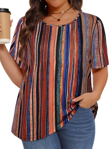 Image of Plus Size Tops for Women Pleated Summer Top Trendy Short Sleeve Shirts Casual Basic Tee Crew Neck Blouses 2026