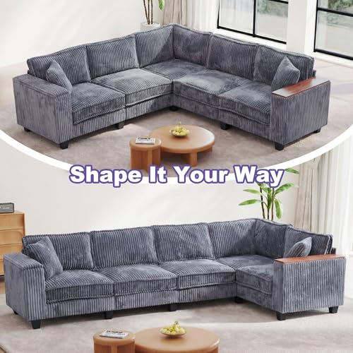 Image of 126 inch L Shaped Couch, 5 Seat Corner Couch with Storage Armrest & 2 Pillows, Convertible V Shaped Sectional Couch, Comfy L Shaped Sectional Couch, Grey Sectional Couches for Living Room