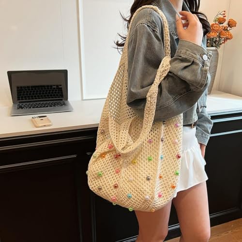 Bolso tote tejido bohemio con cuentas para mujer, estilo hippie, casual, para la playa miniatura 6