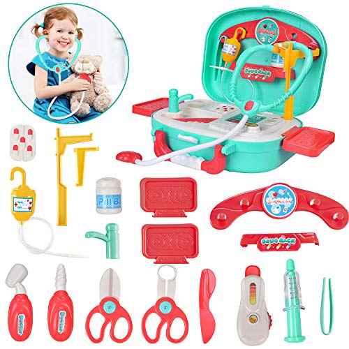Kids Doctor Kit Pretend Play Set with Working Platform Case, Durable 19 Pieces of Heartbeat, Injecting Dentist Doctor Set for Kids Girls Boys