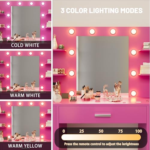Image of Furmax Vanity Desk with Mirror, LED Lights and Power Outlet Makeup Vanity Table with 7 Drawers and 6 Storage Shelves Dressing Table for Bedroom Dressing Room (Rose Pink)