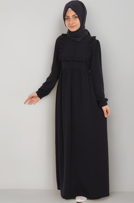Muslim Closet� Abaya for Young Girls Age Below 14 Years | Kids Abaya with Ruffled Design over chest | Baby Girl Burqa Design (MC-KRFL001)