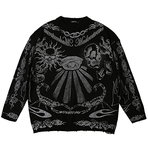 Retro Streetwear Ripped Sweater Eye's Power Skull Printed Dark Style Hip Hop Oversized Pullover Long Sleeve