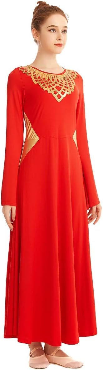 HIHCBF Women Metallic Liturgical Praise Dance Robe Lyrical Dress Bell Sleeve Flower Collar Color Block Worship Costume