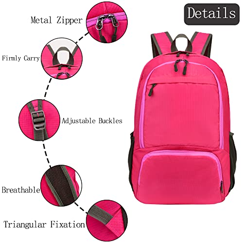 HYCOPROT 35L Packable Backpack Ultra Lightweight Foldable Rucksack Water Resistent Breathable Bag for Men Women Outdoor Camping Walking Hiking Climbing Travel Daypack (Rose red-1) - Image 3