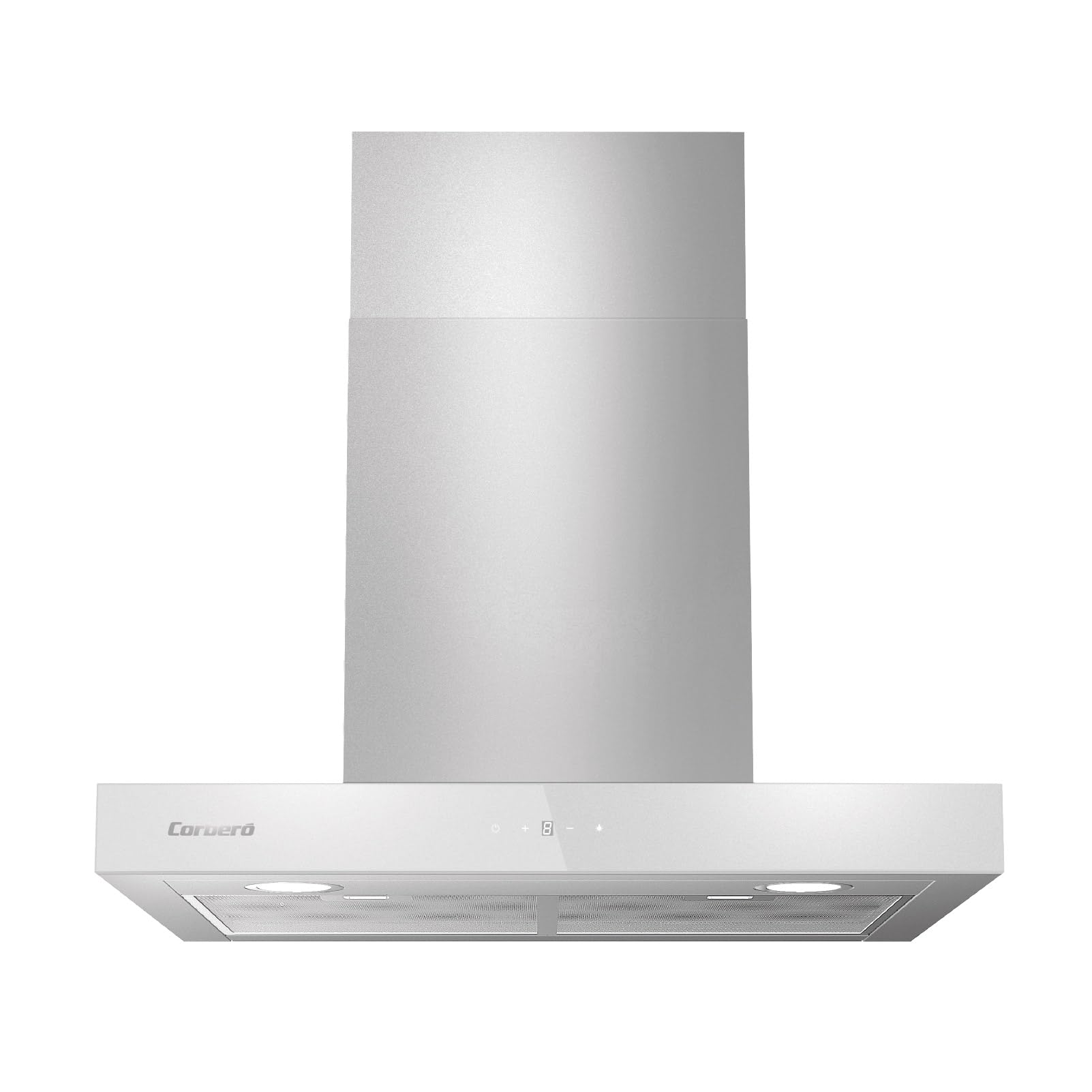 Dekoracyjny dzwonek poziomy biały, 60 cm, przepływ 750 m3/h, 230 W, 3 prędkości, 3-warstwowy filtr aluminiowy, filtr węglowy, efektywność energetyczna A