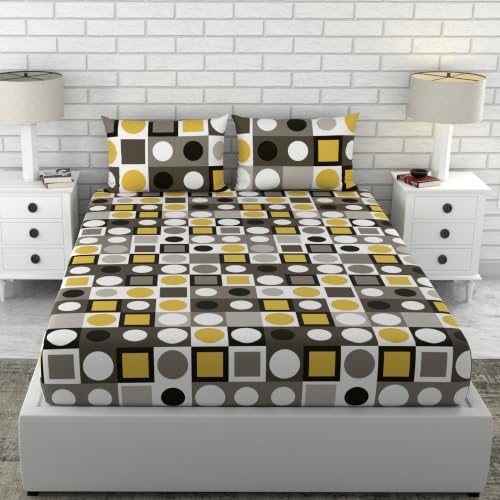 Image of LORETO - A QUALITY LINEN BRAND 144 TC 100% Pure Cotton King Size Fitted Bedsheet with 2 Pillow Covers for 72 x 72 Inch, All-Around Elastic, 8 Inch Deep Pocket, Forged Iron Grey & Lemon Zest Yellow
