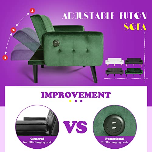 Tyboatle 65" W Velvet Modern Convertible Folding Futon Couch Sofa Bed W/ 2 Usb Charging Ports And Arms, Loveseat For Compact Living Space, Dorm, Game Studio, Bonus Room, Apartment, Bedroom (Green) #TOP5