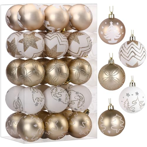 SHareconn 30 Piezas de 60 mm/2.36" de Adornos de Bola de Navidad, 5 Colores, Fiestas, Bolas de Árbol para Decoración de Vacaciones,Champán Dorado Y Blanco