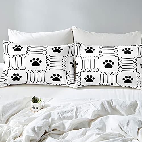 Castle Fairy Black And White Bed Sheet Set Twin Size,Dog Paw Print Lovely Sheet Set Kids Teens,Cartoon Bones Dog Food Bedding Decor Set With 1 Flat & 1 Fitted Sheet With 1 Pillow Sham #TOP2