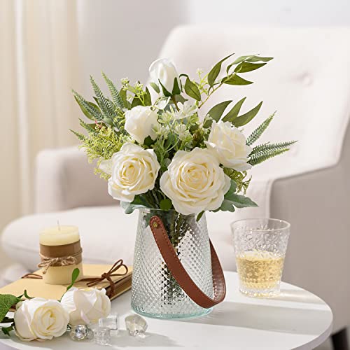 Meglorya Artificial Flowers With Vase, Fake Flowers White Silk Roses In Vase, Faux Flower Arrangements For Farmhouse Table Centerpieces, Living Room Flower Plant Decor, Rustic Home Office Decor #TOP4