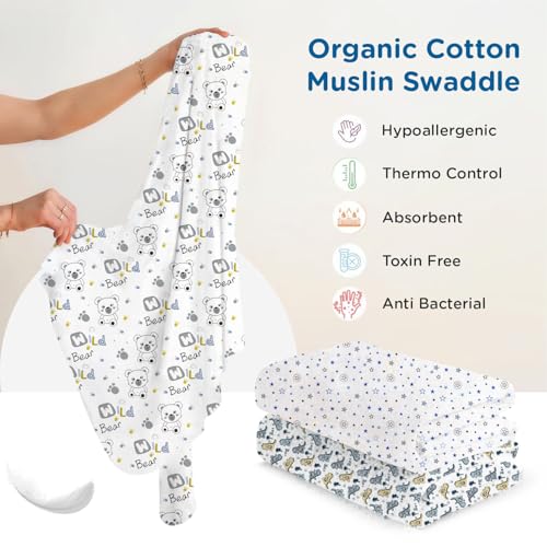 Image of Mee Mee Cotton Muslin Swaddle Wraps - Pack of 3, 100x120 cm | Gentle, Skin-Friendly & Lightweight | Baby Blanket, Nursing & Stroller Cover for Newborns