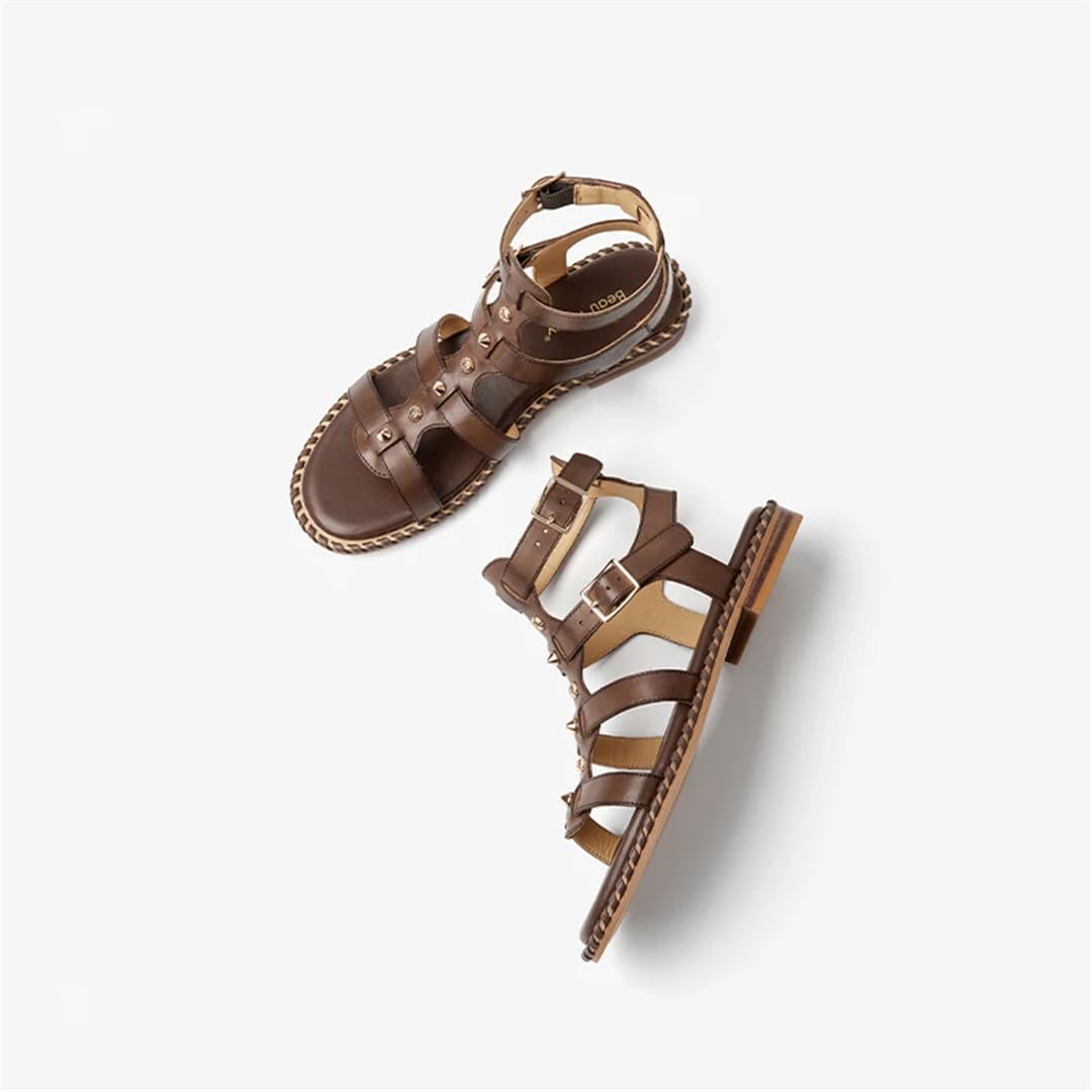 Sandalias de gladiador con correa de hebilla y correa al tobillo para mujer, tacón plano, estilo gladiador, piel de becerro, doble hebilla, de metal, informales, de verano