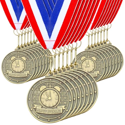 Quelay 30 Pcs 2 Medals for Awards Winner Bulk with Neck Ribbons Metal Trophy Award Prize Gift for Kids Students Adults School Graduation Participation Competitions(Perfect Attendance)