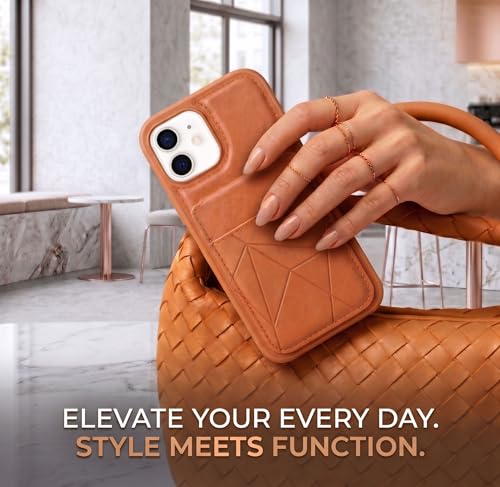 Image of amazon basics Premium Vegan Leather Back Cover with Card Holder and Integrated Mobile Stand for iPhone 12 - Slim Shockproof Wallet Case with Geometric Stitching [Tan]
