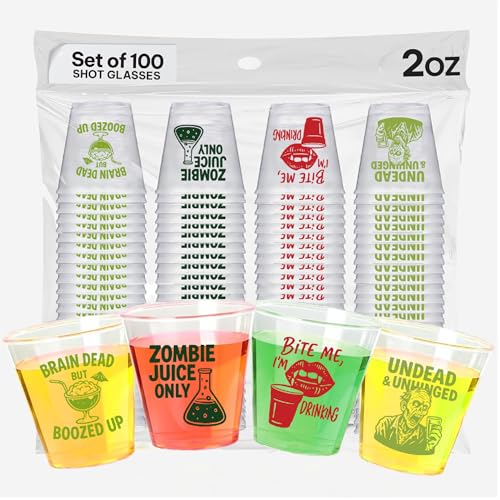 Halloween Shot Glasses Disposable Set of 100 25 Pcs Each Design 2oz Each Plastic Jello Halloween Shot Cups for Zombie Party Drinkware and Decorations - Ideal Horror Glasses For Zombie Decorations