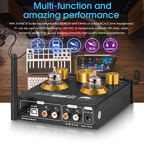 Douk Audio P1 Vacuum Tube Bluetooth Preamplifier, Ge5654 Audio Preamp, Hi-Fi Headphone Amp, Stereo Wireless Receiver With Usb Dac & Aptx-Hd For Home Theater Amplifier/Active Speaker #TOP1