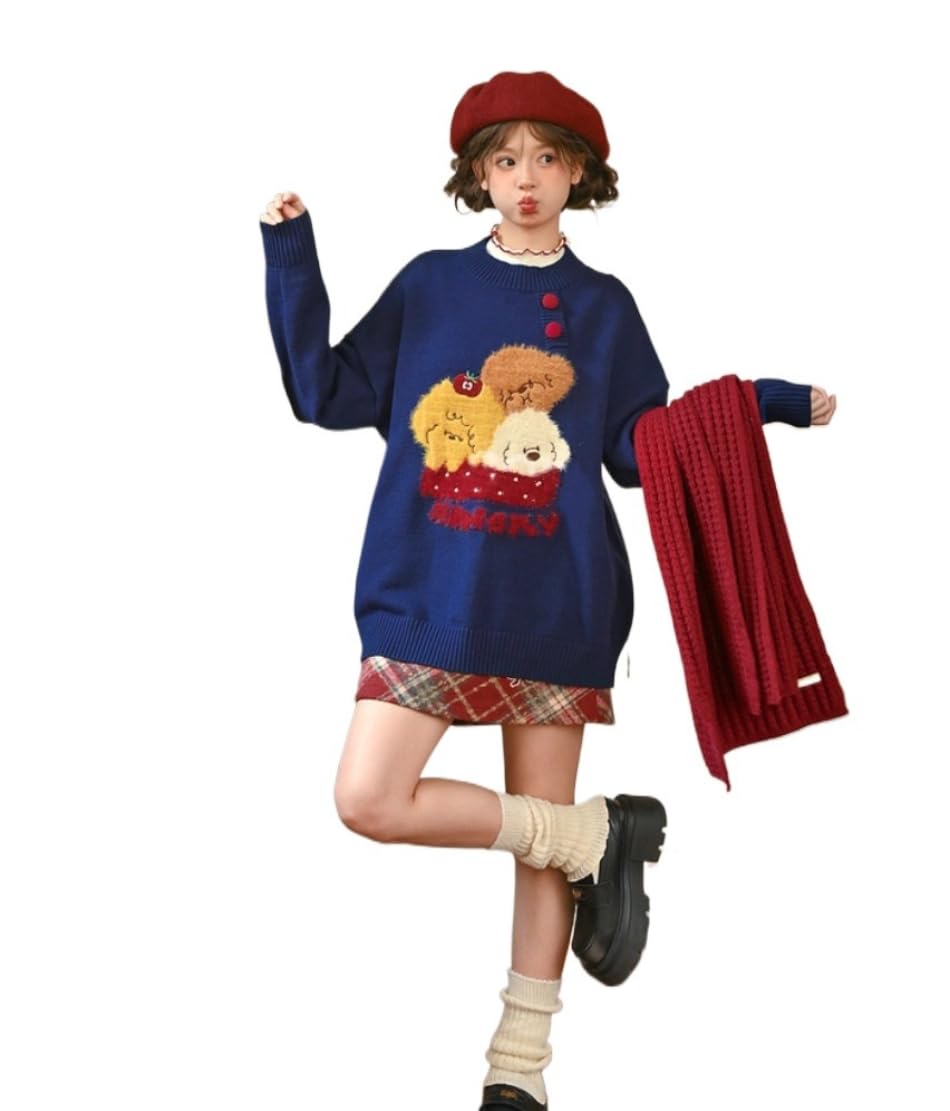 Womens Sweaters Y2k Harajuku Cute Puppy Embroidered Long Sleeved Knitted Sweater Fall Winter Tops