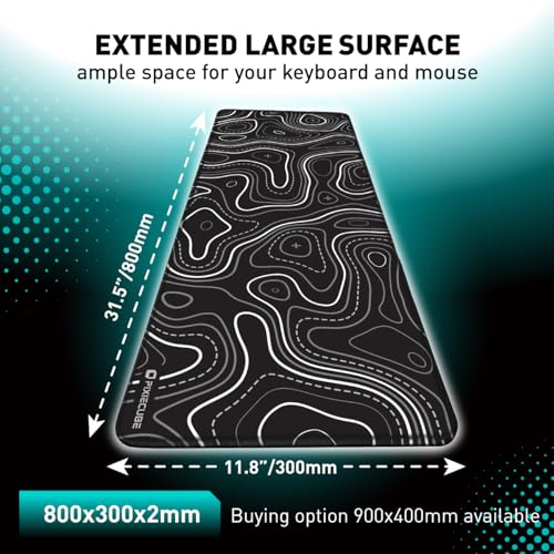 Image of Pixiecube Minimalist Topographic Map Mouse Pad - Contour Extended Large Stitch Edge Mousepad. Black & White Non-Slip XXL Gaming Desk Mat
