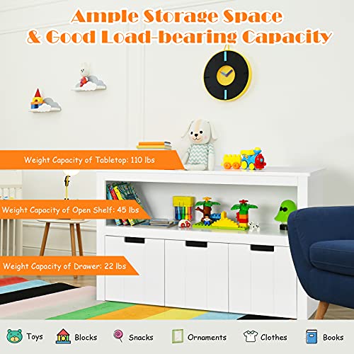 Costzon Toy Storage Organizer, Wooden Toy Bin Chest With 3 Removable Drawers, Rolling Wheels, Large Open Shelf, Toddler Bookshelf For Nursery, Playroom, Kindergarten, Living Room (White) #TOP2
