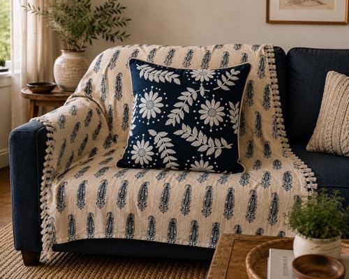 Image of Prista Hand Embroidered Cushion Covers Set of 2 | 16x16 Inch Scattered Daisy Design | Slub Cotton Boho Sofa Covers | Hidden Zipper | Living Room Bedroom Decor (40cm x 40cm)
