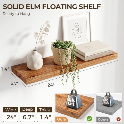 Image of Elm Floating Shelves for Wall - 24 in Rustic Solid Wood Shelves with Heavy-Duty Invisible Bracket, Wall-Mounted Wooden Shelf for Living Room, Bathroom, Kitchen Storage & Display, Set of 2, Natural