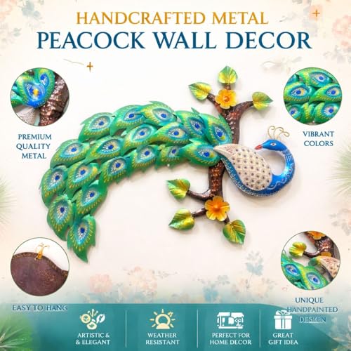 Image of Framing Hub - Metal Big Hand Painted Peacock Wall Art Decor | Decorative Wall Sculpture for Living Room Bedroom Drawing Room Office (Size 30x22 Inch)