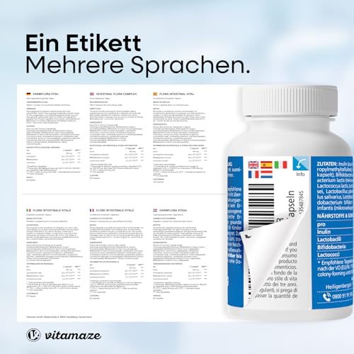 Darmflora Vital Kapseln hochdosiert magensaftresistent, 60 vegane Kapseln Probiotika für 1 Monat Darmkur mit 12 aktiven Darm-Bakterien-Kulturen + Inulin, 16,2 Mrd. KBE pro Tag, Made in Germany