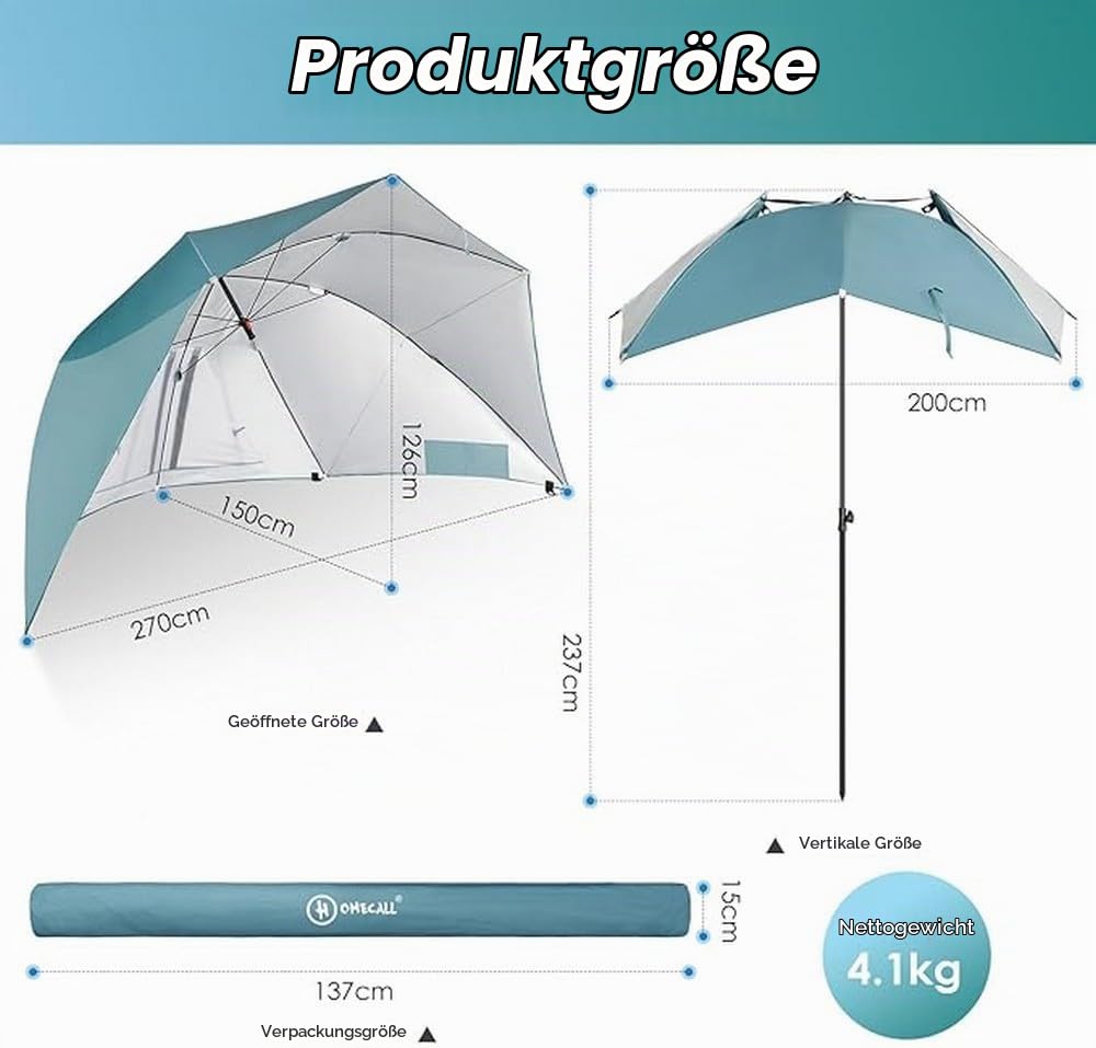 HOMECALL Strandschirm mit Fenster und Windschutz - UV-beständiges Polyester - Blau