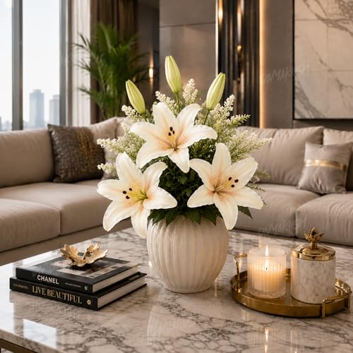 Image of Divyakosh Artificial Flowers Bunch (Vase Not Included). Artificial Flower for Vase Flower Bouquet Gift White Lily Arrangement for Living Room, Dining Table Office Decor