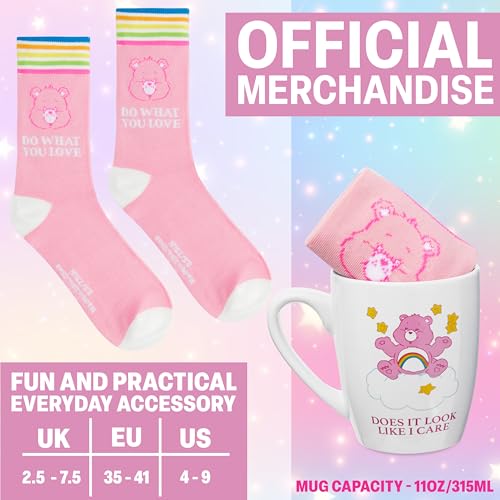 Image of Get Trend Care Bears 11oz Mug and Socks Set, Crew Socks Ceramic Coffee Mug Microwave Safe, Novelty Gifts for Women, Wife, Girlfriend (White /Pink Care Bears)