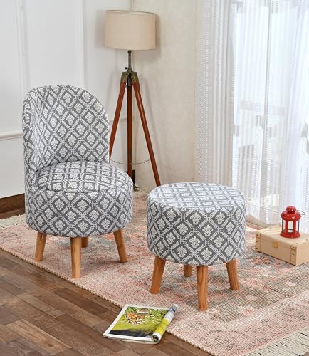 Image of NACIA Velvet Printed Ottoman Chair with Stool Combo | Dressing Table Chair for Bedroom Makeup Room Decor | Modern Upholstered Ottoman with Wooden Legs for Home (18x18x32 Inches, Grey Damask)