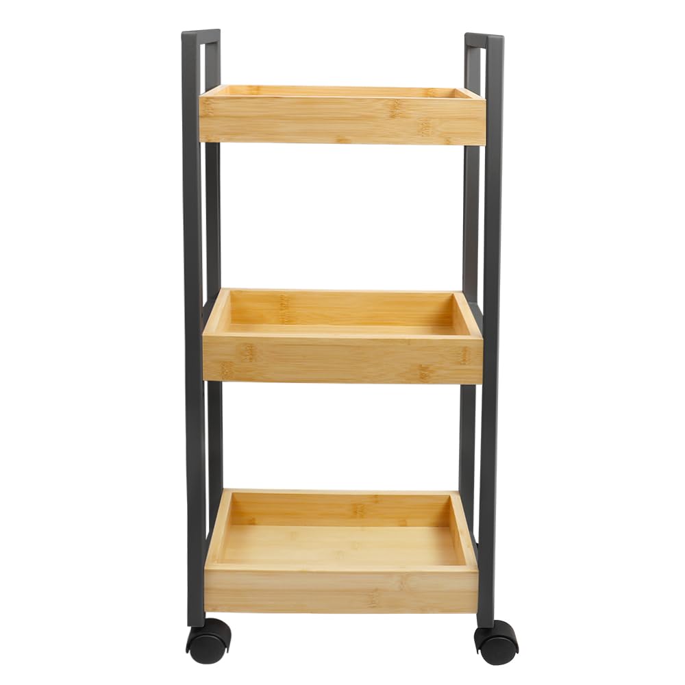 HUOLE Estantería Delgada de Baño, Carrito de Almacenamiento de 3 Niveles sobre Ruedas, Estantería de Bambú y Madera de Baño Estantería de Pie 3 Cestas dim. 30L x 20l x 80H cm-Negro