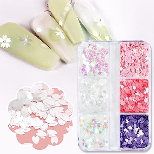 Flower Nail Art Decals Cherry Blossoms Nail Art Sequins Mix Flower 3D White Pink Purple Ab Sakura Petals Paillettes Set For Manicure Diy Spring Summer Nails Accessories 6 Grids (A) #TOP7