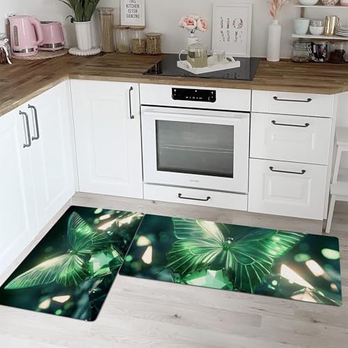 Alfombras de cocina antifatiga antideslizantes de mariposa verde para evitar suelos resbaladizos 2