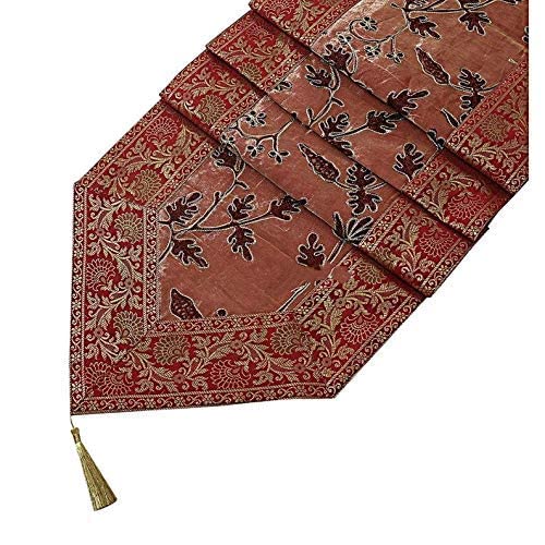 Image of E-EZRA Ari Zari Embroidery Table Runner for Dining Table 6 Seater 72IN Indian Satin Traditional Long Runner Up with Tassels Coffee Tablecloth for Room & Home Decor Runner (Maroon)