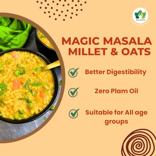 Image of WellMonk Magic Masala Millet & Oats - Healthy Instant Breakfast, Rich in Wholegrains & Vegetables|Vegan|Protein-Rich|Fiber-Rich| Goodness of Oats,Jowar, Bajra&Kodo Millets Pack of 1 400g