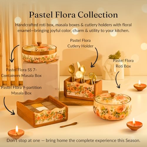 Image of Brick Brown Premium Wooden Pastel Flora Cutlery Holder Spoon stand for kitchen | cutlery holder for dining table | wooden caddy storage organiser stand with 3 section Caddy holder (8.2x4.2x4 inch)