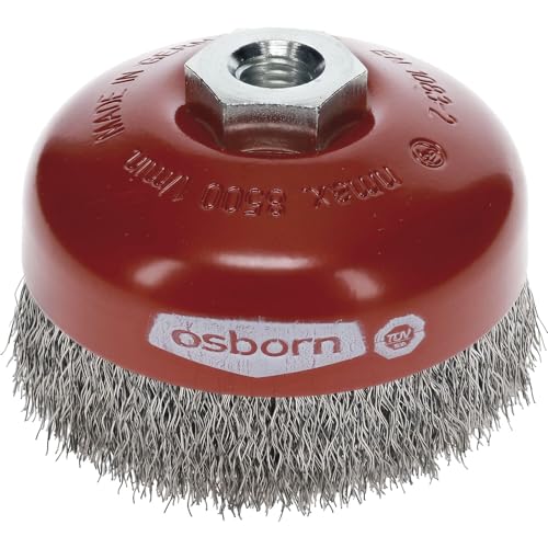 Osborn Topfbürste für Winkelschleifer 180 mm, Durchmesser 100 mm, Gewinde M 14 x 2, gewellter Stahldraht 0,30 mm TÜV geprüft, rot, 2613164