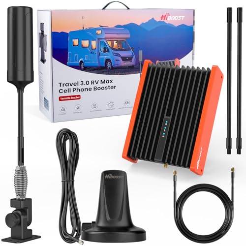 HiBoost Cell Phone Booster Kit for RV Truck Camper Van Trailer Bus |Travel 3.0 RV Max with Folding Bracket| RV Cell Signal Booster Boosts 4G 5G LTE All U.S.Carriers Verizon,AT&T,T-Mobile FCC Approved