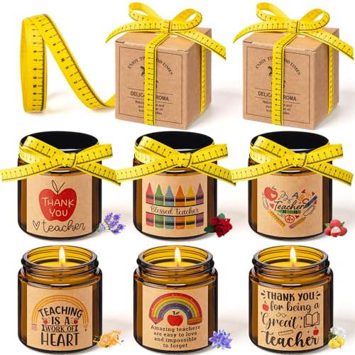 Lyrow 6 Pcs Teacher Appreciation Candles Gifts Set Best Teachers Gifts for Women and Men Include Ruler-Style Ribbon 3.5 oz Thank You Scented Candle for Happy Teachers Day Back to School Gift