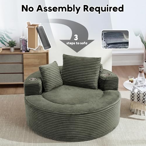 Image of Oversized Round Chair Lounge Chaise Indoor, 55.5 inch Upholstered Corduroy Deep Seat Single Cloud Sofa Chair with Cup Holder, Modern Large Circle Boneless Sleeper Sofa for Living Room,Green