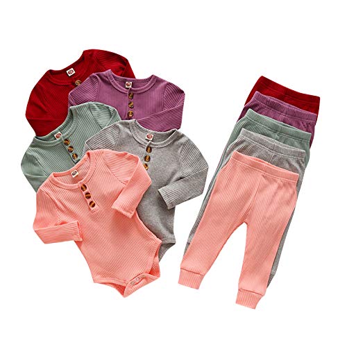baskopa Infant Girls Clothes 6-12 Months Long Sleeve Solid Color Romper Bodysuit+Stripe Elastic Waist Pants Set