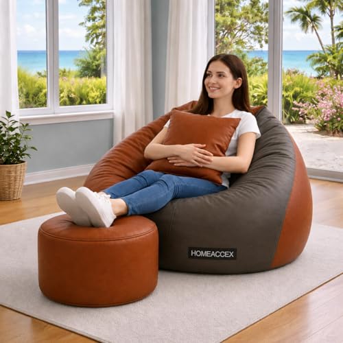 Image of Rexin Leather 2XL Bean Bag Combo with Footrest & Cushion Filled Bean Bag with Beans | Capacity Upto 90Kg, Brown & Grey