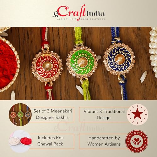 Image of eCraftIndia Set of 3 Blue, Green & Red Meenakari Designer Rakhis, Best Bro Ever Fridge Magnet with Roli Chawal Pack - Rakhi for Brother, Bhaiya, Bhai
