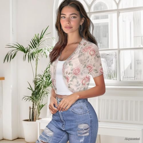 Image of Womens Short Sleeve Cardigans Lightweight Summer Cardigan Trendy Bolero Shrug Cute Floral Cardigan Sheer Bolero