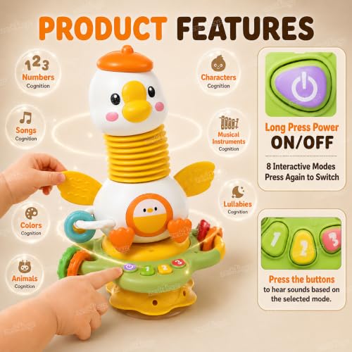 Image of Zest 4 Toyz Musical Learning Duck Toy for Kids | Sleep Song Music | 5in1 Suction ,Spinner, Rattle, Squeeze & Sensory Play | BPA-Free, Safe & Durable | Interactive Learning Toys for 6+ Months Kids