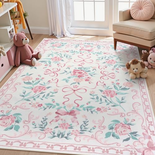 Image of Collive Pink Floral Rugs for Bedroom Girls, 5x7 Bow Nursery Rug for Dorm Washable Area Rug for Living Room, Cute Ultra-Thin Non Slip Indoor Decor Carpet for Kids Room Playroom (Pink 5' x 7')