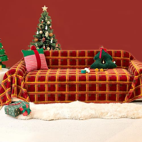 【Design】Protezione Mobili Morbida E Spessa, La Sua Audace Fantasia a Scacchi Rossi e Dorati e Ideale per Le Festività Natalizie. Abbinala a Decorazioni Natalizie o Cuscini a Forma Di Regalo per Dare Immediatamente Al Tuo Soggiorno Un'atmosfera Festosa e Calda. Oltre Al Suo Fascino Decorativo, e Una Protezione Efficace: Copre Completamente Il Tuo Divano a 3-4 Posti Per Proteggerlo Da Macchie, Peli Di Animali Domestici e Usura Quotidiana.